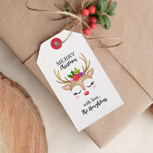 Étiquettes-cadeau Visage personnalisé de rennes de Noël