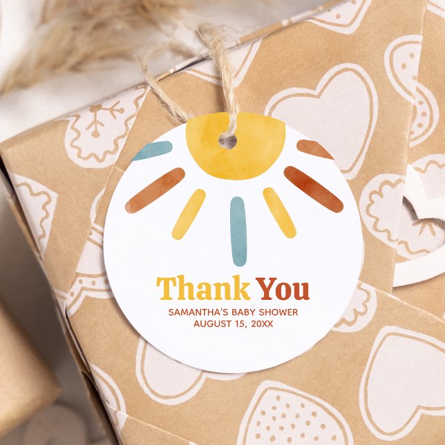 Étiquettes Cadeau Voici le Baby shower Son Sunshine Round (Here comes the Sun Baby Shower Round Favor Tags)