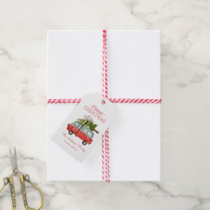 Étiquettes-cadeau voiture d'aquarelle de noël la plus joyeuse