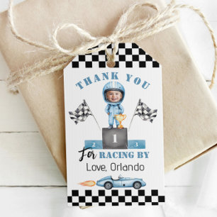 Étiquettes-cadeau Voiture de course bleue Garçon Pilote Photo Annive