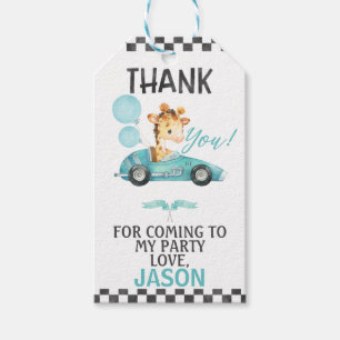 Étiquettes-cadeau Voiture de course Giraffe Anniversaire Merci