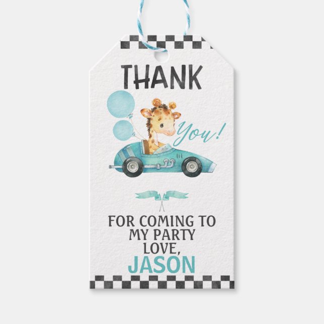 Étiquettes-cadeau Voiture de course Giraffe Anniversaire Merci (Devant)