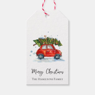 Étiquettes-cadeau Voiture de Noël et pins