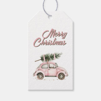Étiquettes-cadeau Voiture de punaise rose avec sapin de Noël