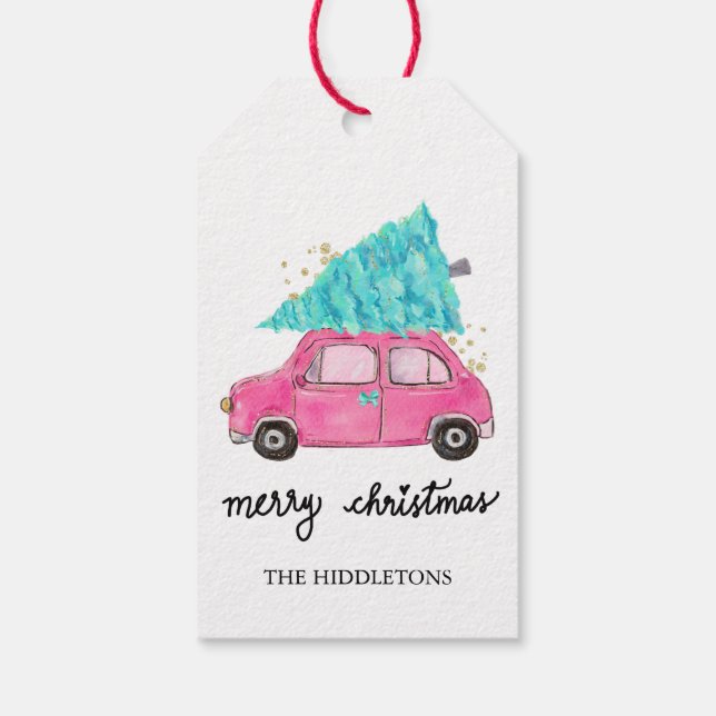 Étiquettes-cadeau Voiture rose mignonne Peppermenthe sapin de Noël (Dos)