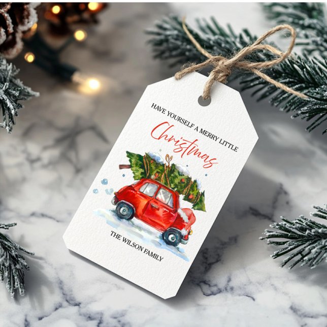 Étiquettes-cadeau Voiture rouge de Noël et arbre (Créateur téléchargé)