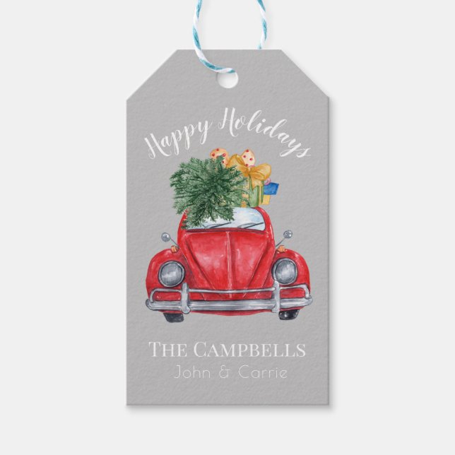Étiquettes-cadeau Voiture rouge et arbre de Noël (Devant)