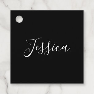 Étiquettes Cadeau Votre nom Élégant script blanc sur noir