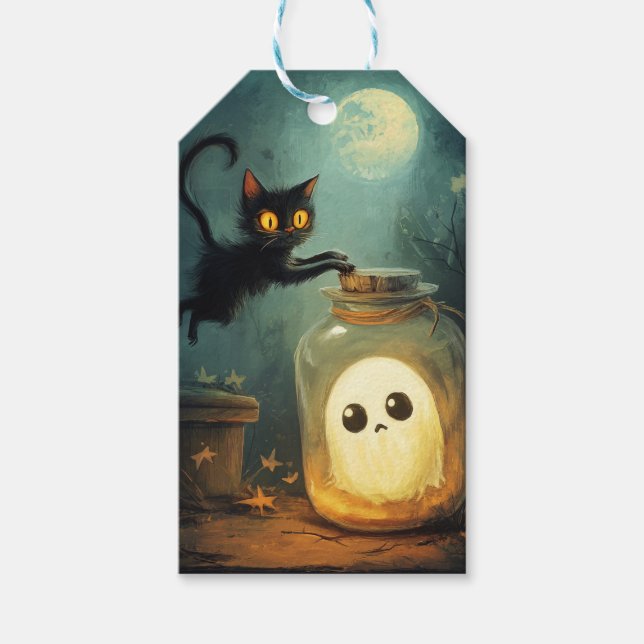 Étiquettes-cadeau Vous avez - Chat d'Halloween et fantôme (Devant)