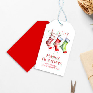 Étiquettes-cadeau Watercolor Christmas Stocking Happy Holidays