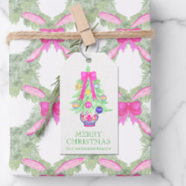 Étiquettes-cadeau Watercolor Hot Pink Bow Ginger Jar Christmas Gift