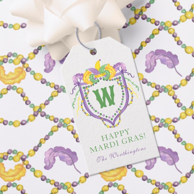 Étiquettes-cadeau Watercolor Mardi Gras Monogram Crest (Créateur téléchargé)