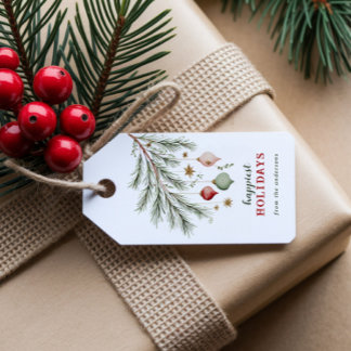 Étiquettes-cadeau Watercolor Pine Leaves & Festive Baubles Holiday 
