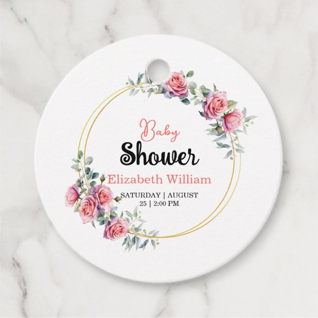 Étiquettes Cadeau Watercolor Roses & Eucalyptus Baby Shower (Devant)