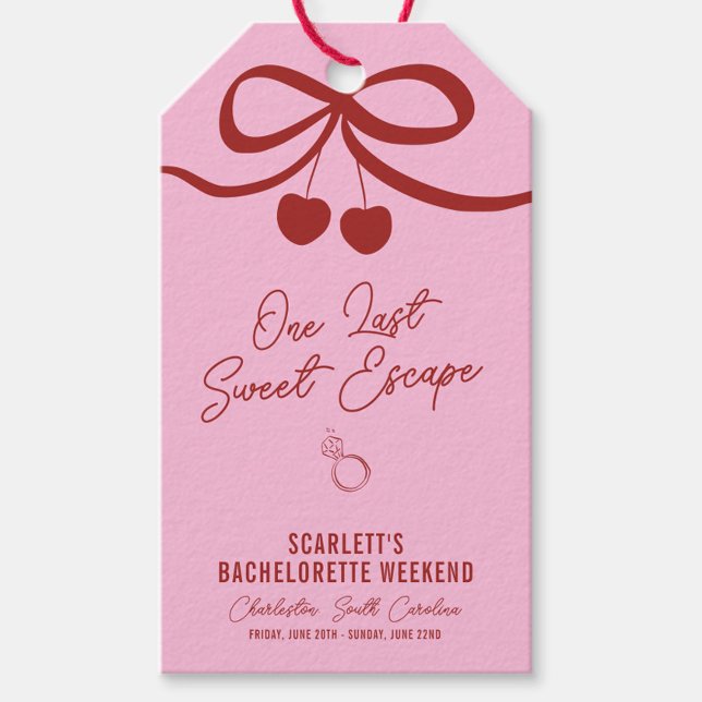 Étiquettes-cadeau Week-end de Bachelorette Cerise et Rose (One Last Sweet Escape gift tags, perfect for favors, with names on the back for a special touch)