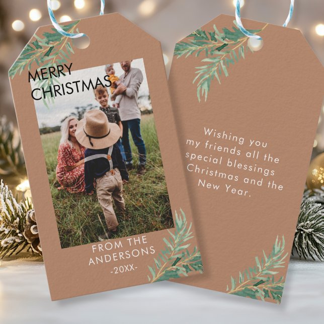 Étiquettes-cadeau Weihnachts Photo Personalisierte - Geschenkanhänge (Personalized Photo, Leafy, Christmas Favor Tags. Your Name, Text & Photo.)