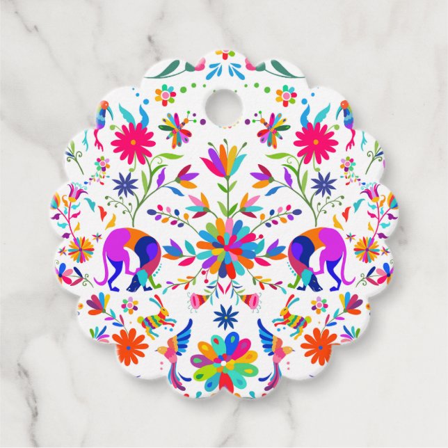 Étiquettes Cadeau Weims, lapins et oiseaux motif de style Otomi (Devant)