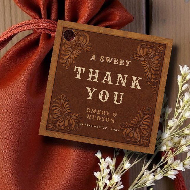 Étiquettes Cadeau Western Tooled Rustic Terracotta Elegant Wedding (country rustic cowboy wedding favor tag faux tooled leather terracotta rust western barn)