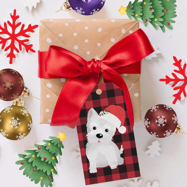 Étiquettes-cadeau Westie Santa Hat Buffalo Plaid Conception de vacan (West Highland Dog With Santa Hat Buffalo Plaid Gift Tags)