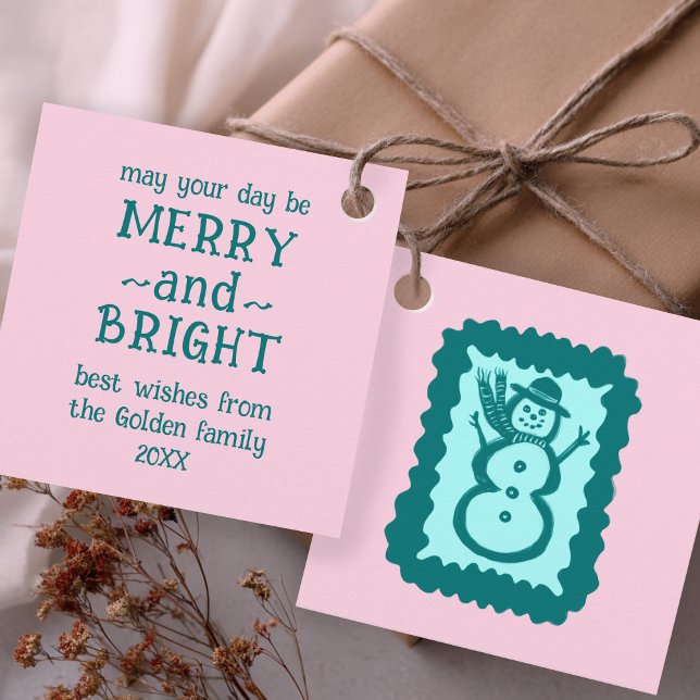 Étiquettes Cadeau Whimsical Christmas Snowman Cute Holiday Gift (Whimsical Christmas Snowman Cute Holiday CUSTOM Gift Favor Tags Pink BLue
)