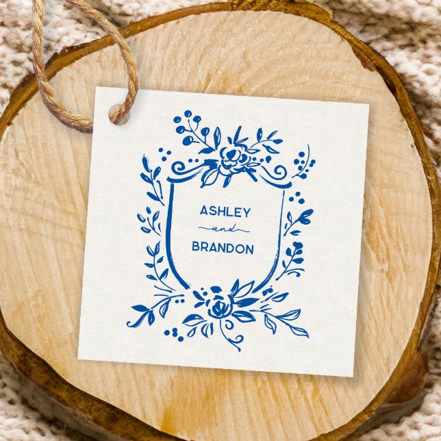 Étiquettes Cadeau Whimsical French Blue Botanical Crest Wedding (Créateur téléchargé)