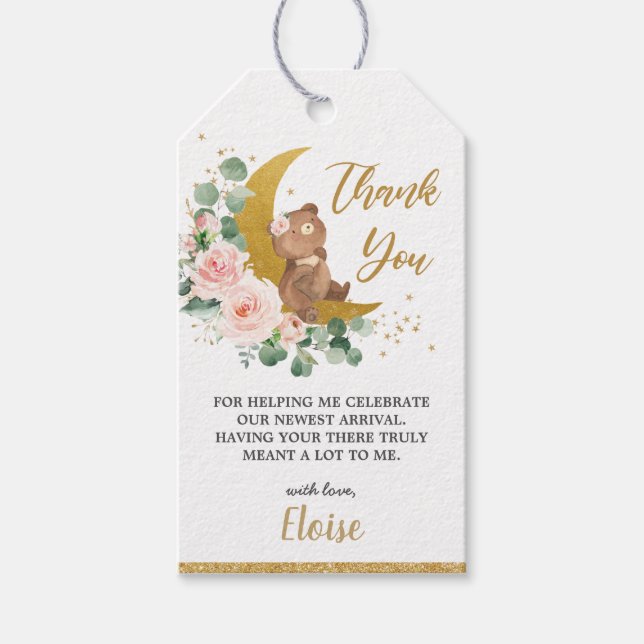 Étiquettes-cadeau Whimsical Teddy Bear Lune Blush Floral Merci (Devant)