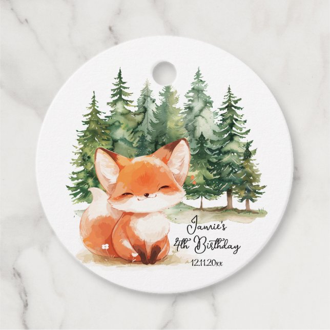 Étiquettes Cadeau Whimsical Woodland Baby Fox 4e anniversaire (Devant)
