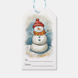 Étiquettes-cadeau Whimsman Snowman en Orange Knit Casquette et Ecarf