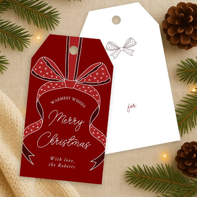 Étiquettes-cadeau Whimssical Bow & Ribbon Chic Red Joyeux Noël (Red whimsical bow and ribbon Christmas gift tags with your custom name )