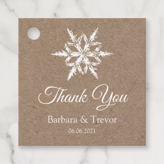 Étiquettes Cadeau Whit & Kraft Snowflakes Merci de mariage hivernal (Devant)