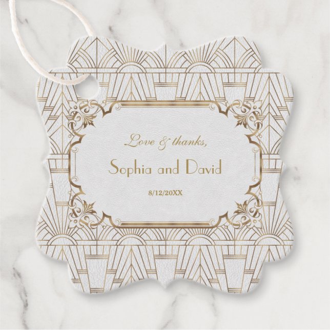 Étiquettes Cadeau White Gold Great Gatsby Art Déco Mariage des année (Devant)