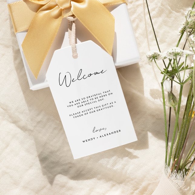 Étiquettes-cadeau White Modern Script Destination Wedding Bienvenue (Créateur téléchargé)