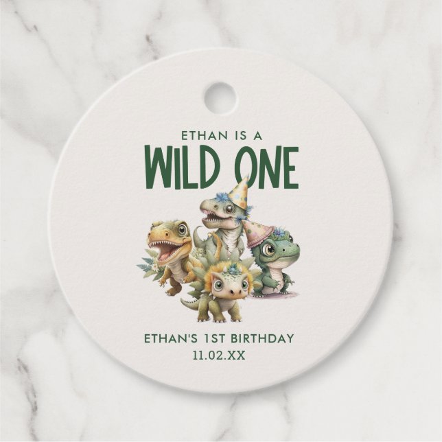 Étiquettes Cadeau Wild One mignon Dinosaur Première fête d'anniversa (Devant)