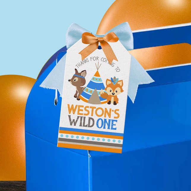 Étiquettes-cadeau Wild Un 1er anniversaire Merci boisé (Tribal Woodland Forest Fox & Deer 1st Birthday Favor Tags for Wild One or One Happy Camper)