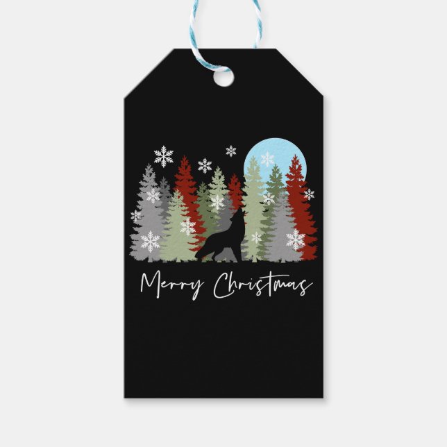 Étiquettes-cadeau Wolf Howling Dans La Forêt Joyeux Arbres De Noël (Devant)