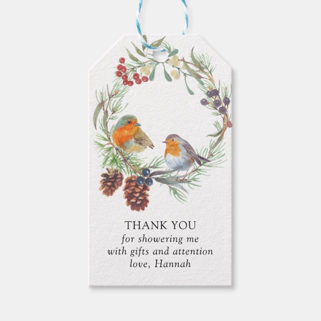 Étiquettes-cadeau Wreath Robin Mistletoe et Merci de pin (Devant)