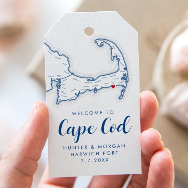 Étiquettes-cadeau Wychmere Beach Club Modern Navy Mariage Bienvenue (Welcome To Cape Cod Wedding Favor Gift Tag with heart over Wychmere from Coastal Map Designs)