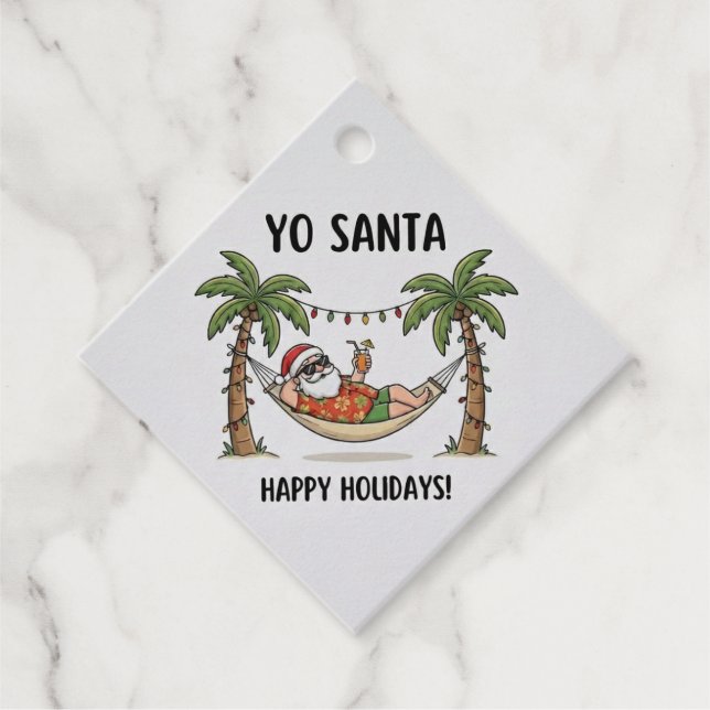 Étiquettes Cadeau Yo Santa Drôle Été Noël Tropical Vacances (Devant)