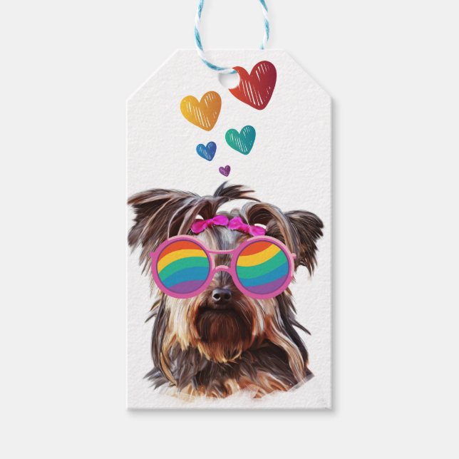 Étiquettes-cadeau Yorkie Chien avec Coeurs Saint-Valentin (Devant)