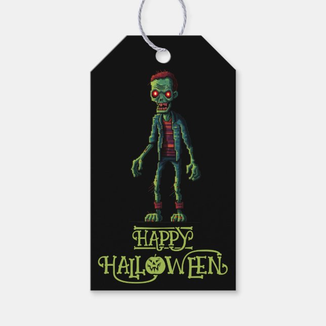 Étiquettes-cadeau Zombie Vert Épouvantable | Soirée Halloween pour E (Devant)