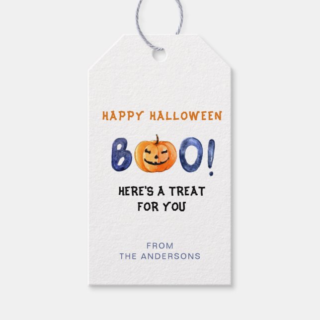 Étiquettes cadeaux BOO Joyeux Halloween Citrouille (Devant)