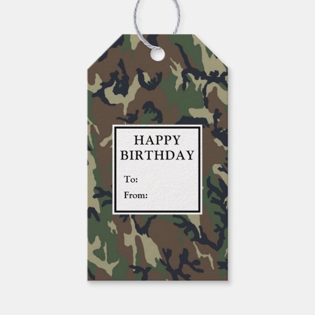 Étiquettes cadeaux d'anniversaire Camouflage vert (Devant)