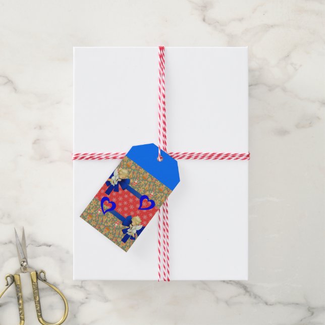Étiquettes Cadeaux de Noël Anges Coeurs Bleus (Avec de la ficelle)