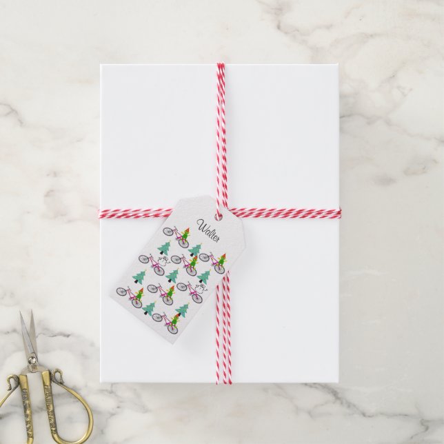 Étiquettes Cadeaux de Noël Elf Vélos (Avec de la ficelle)