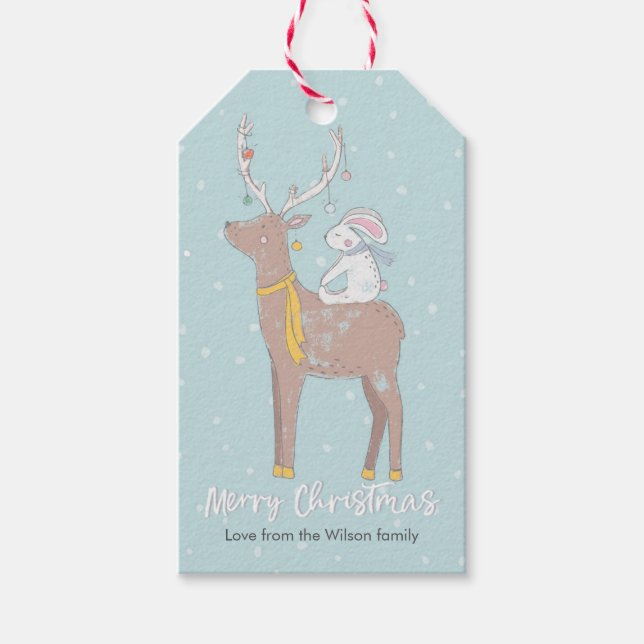 Étiquettes cadeaux de Noël rennes et lapins mignon (Devant)