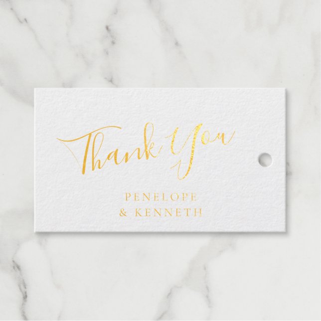 Étiquettes Cadeaux Élégant Script Blanc Personnalisé Mariage Merci Or (Recto (horizontal))