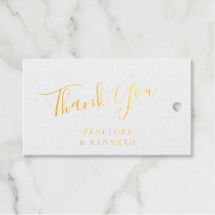 Étiquettes Cadeaux Élégant Script Blanc Personnalisé Mariage Merci Or