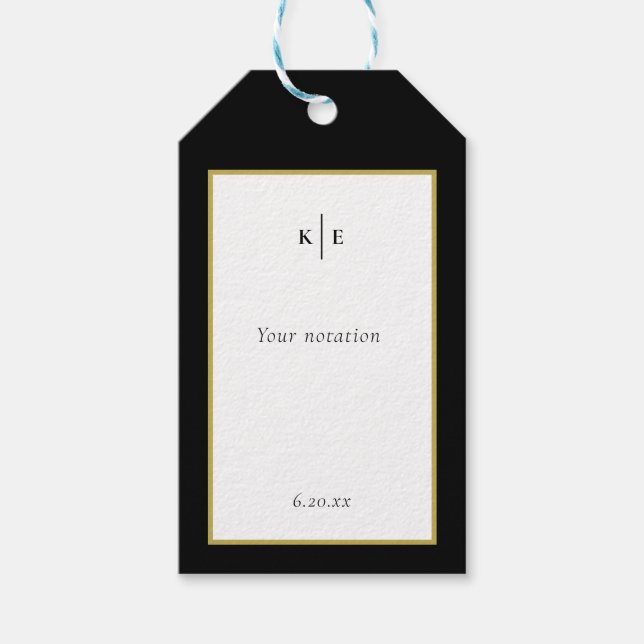 Étiquettes cadeaux en or noir Monogramme classique (Devant)