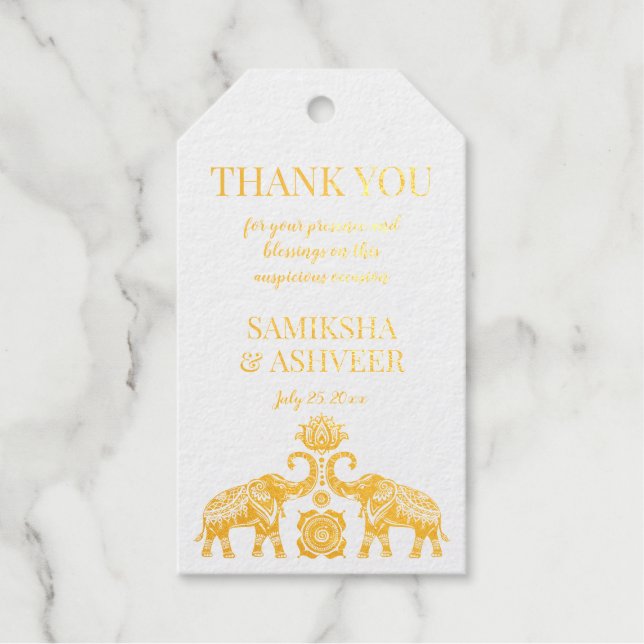 Étiquettes Cadeaux Gold rangoli éléphants mariage indien merci (Recto)