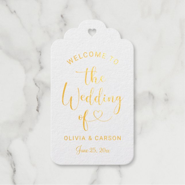 Étiquettes Cadeaux Mariage de script de coeur moderne Welcome Gold (Recto)